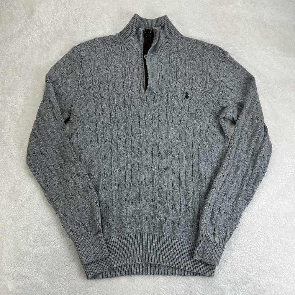 Polo Ralph Lauren Tussah Silk Cable Knit Grey Sweater 1/4 Zip/Button Mens Small